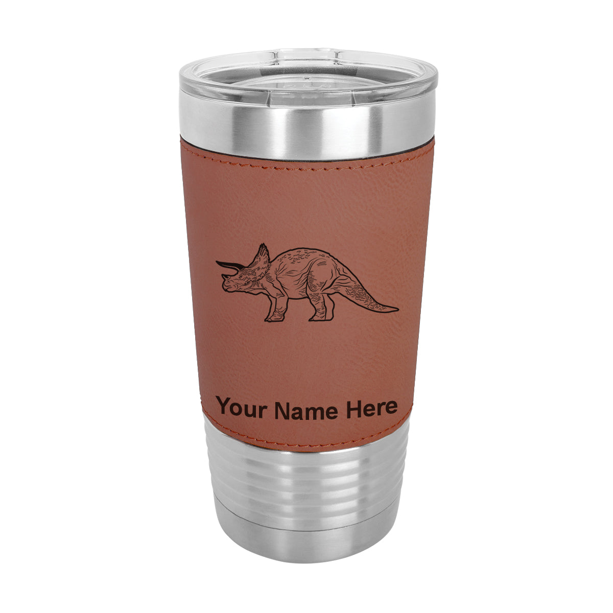 20oz Faux Leather Tumbler Mug, Triceratops Dinosaur, Personalized Engraving Included