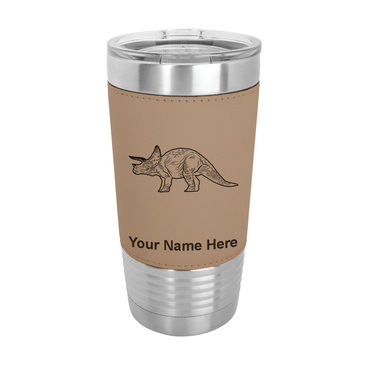 20oz Faux Leather Tumbler Mug, Triceratops Dinosaur, Personalized Engraving Included