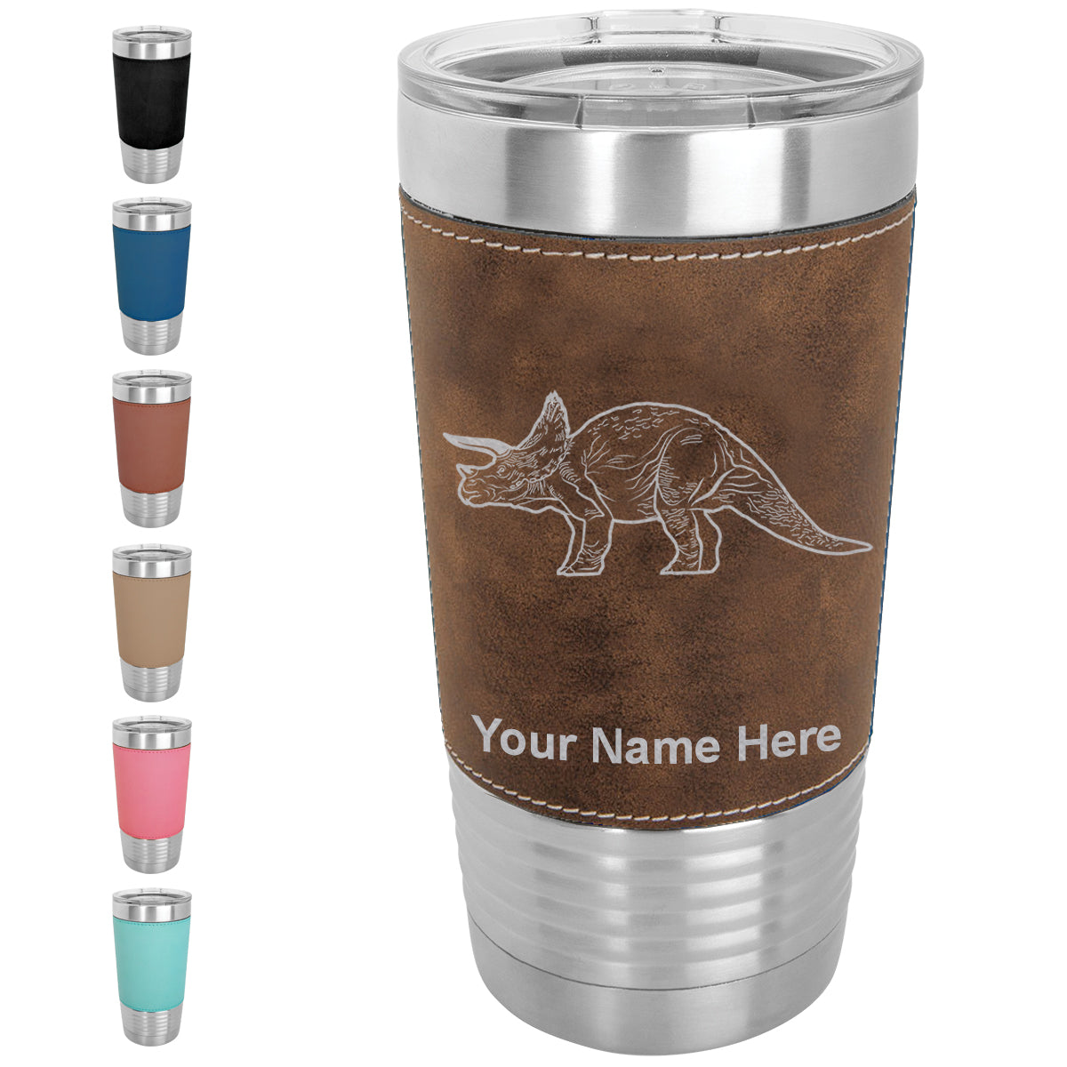 20oz Faux Leather Tumbler Mug, Triceratops Dinosaur, Personalized Engraving Included