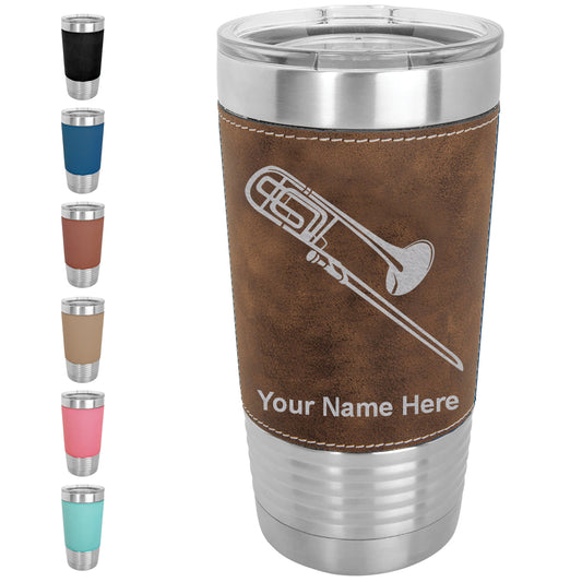 20oz Faux Leather Tumbler Mug, Trombone, Personalized Engraving Included