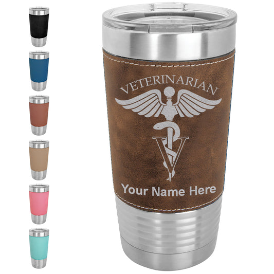 20oz Faux Leather Tumbler Mug, Veterinarian, Personalized Engraving Included