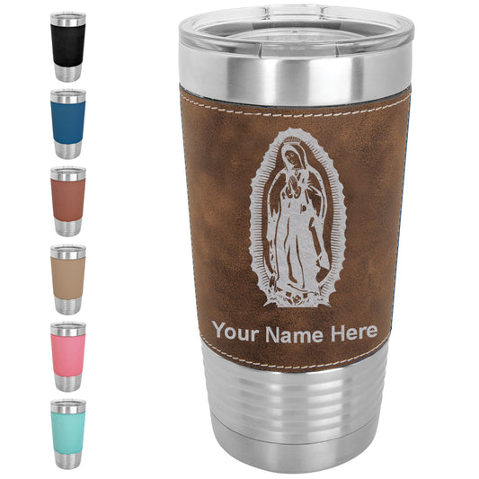 20oz Faux Leather Tumbler Mug, Virgen de Guadalupe, Personalized Engraving Included