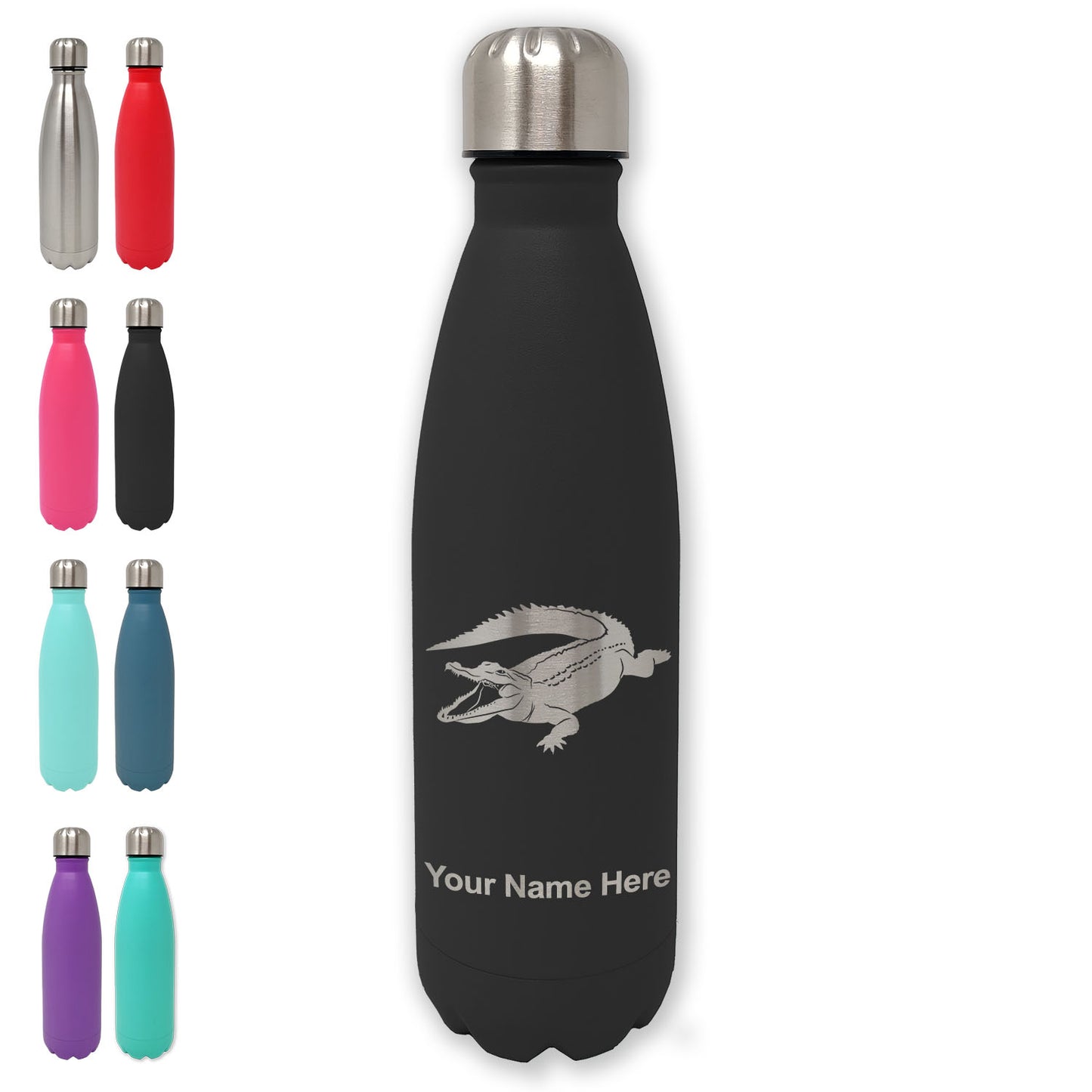 LaserGram Double Wall Water Bottle, Alligator, Personalized Engraving Included