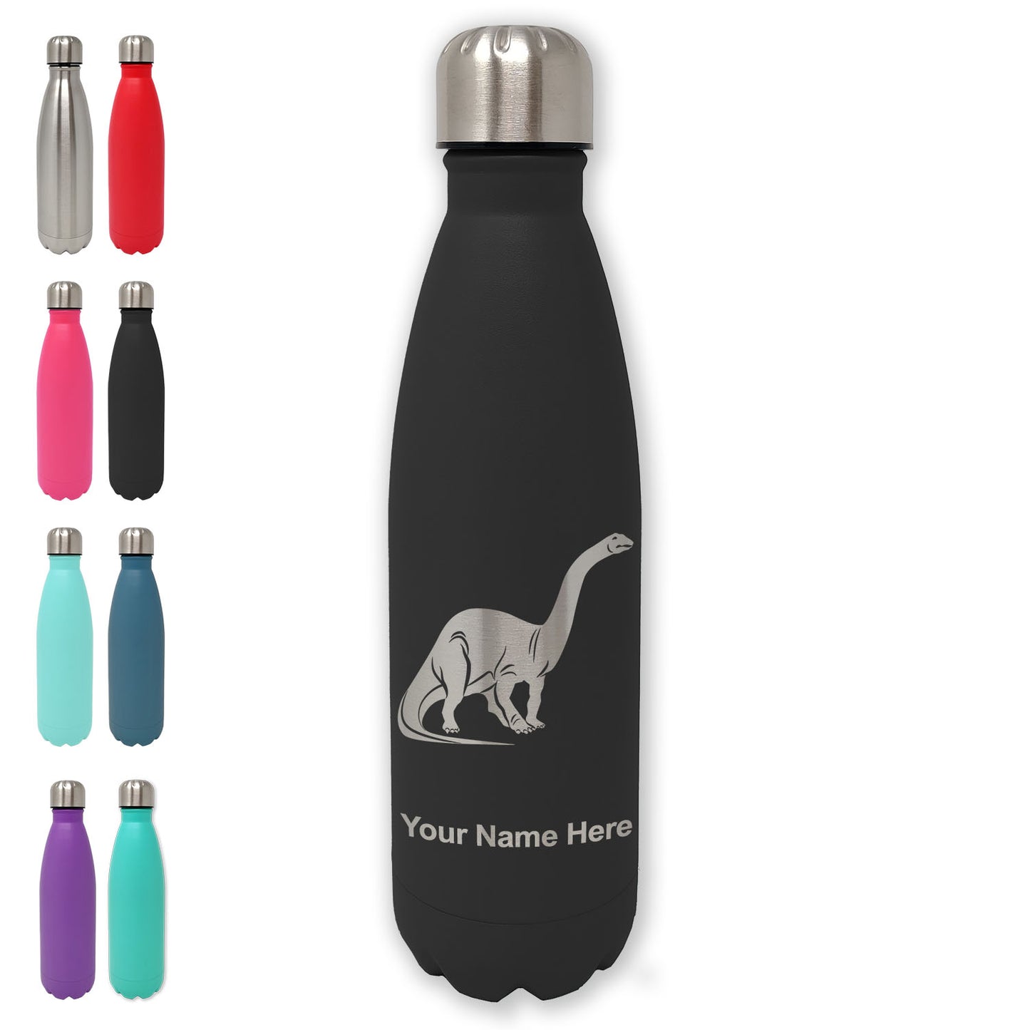 LaserGram Double Wall Water Bottle, Brontosaurus Dinosaur, Personalized Engraving Included