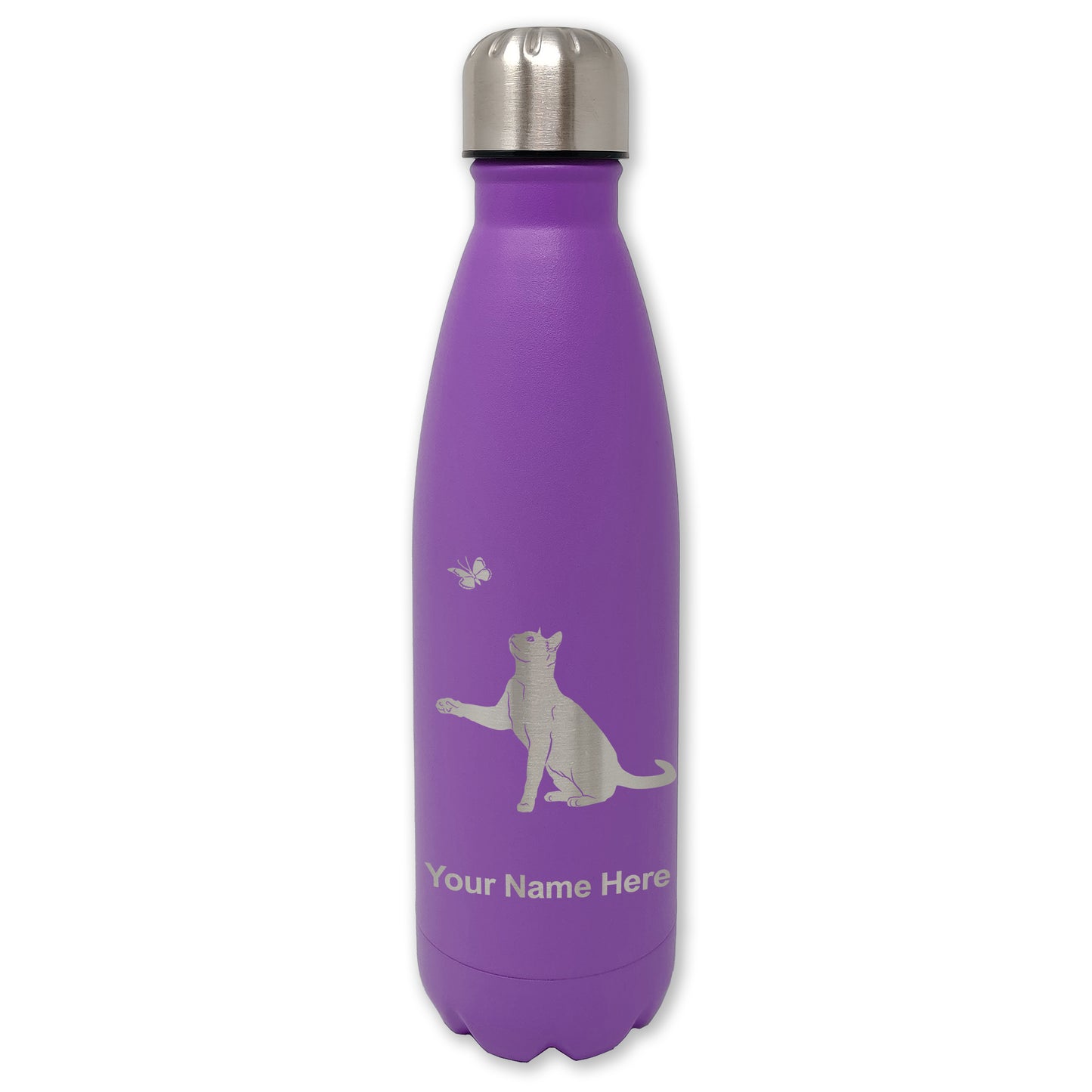 LaserGram Double Wall Water Bottle, Cat with Butterfly, Personalized Engraving Included