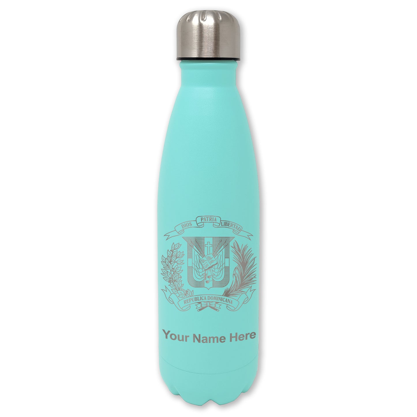 LaserGram Double Wall Water Bottle, Coat of Arms Dominican Republic, Personalized Engraving Included