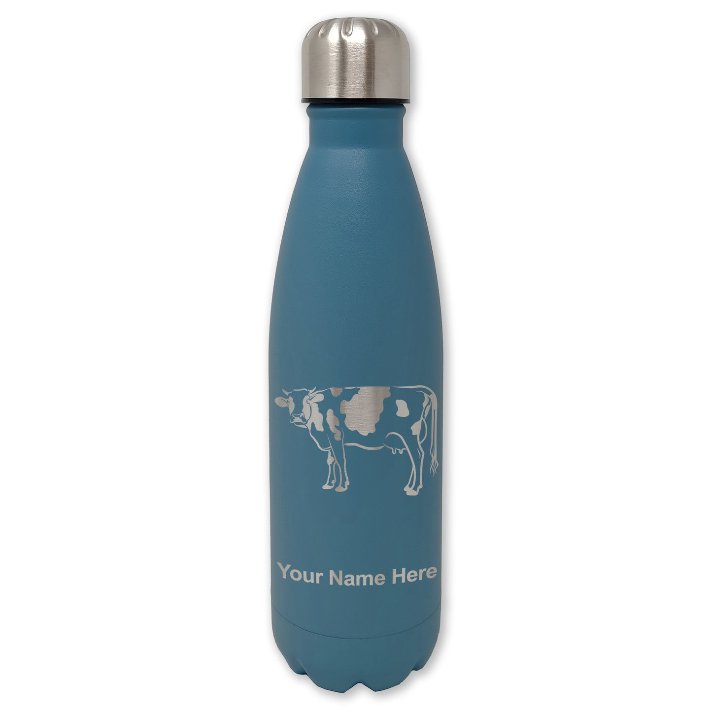 LaserGram Double Wall Water Bottle, Cow, Personalized Engraving Included