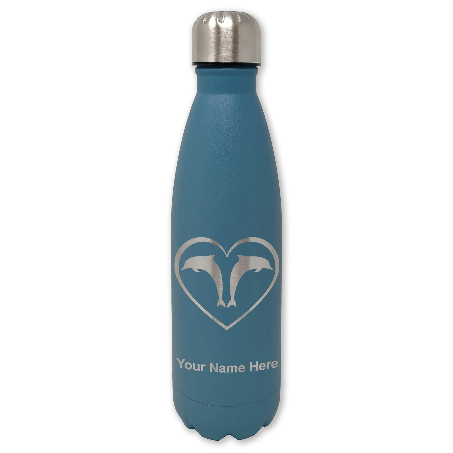 LaserGram Double Wall Water Bottle, Dolphin Heart, Personalized Engraving Included