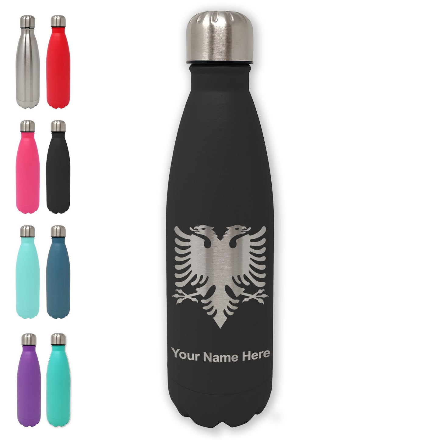 LaserGram Double Wall Water Bottle, Flag of Albania, Personalized Engraving Included