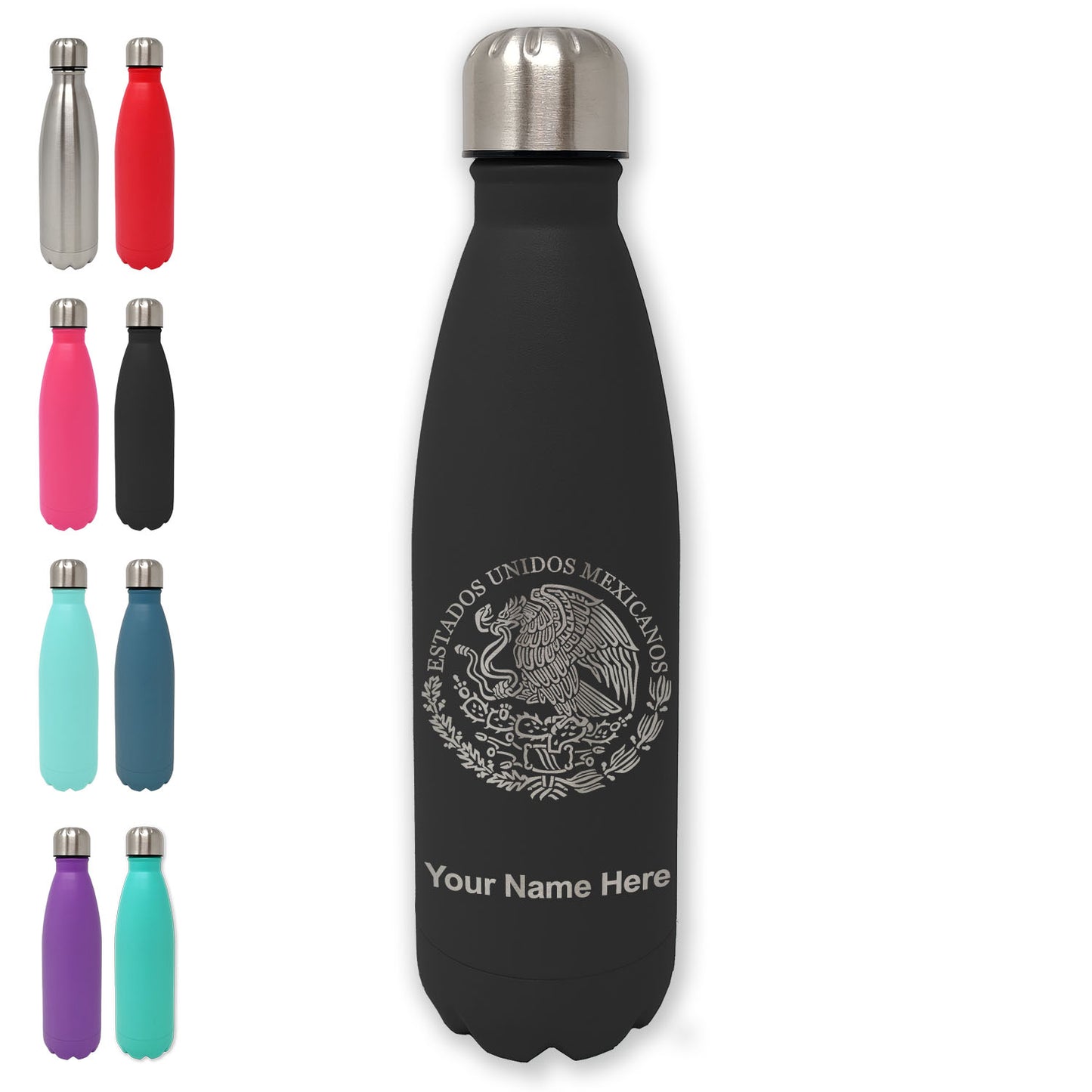 LaserGram Double Wall Water Bottle, Flag of Mexico, Personalized Engraving Included