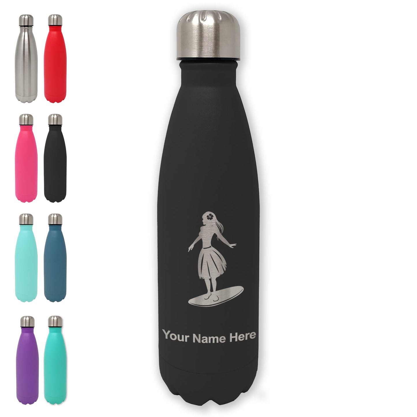 LaserGram Double Wall Water Bottle, Hawaiian Surfer Girl, Personalized Engraving Included