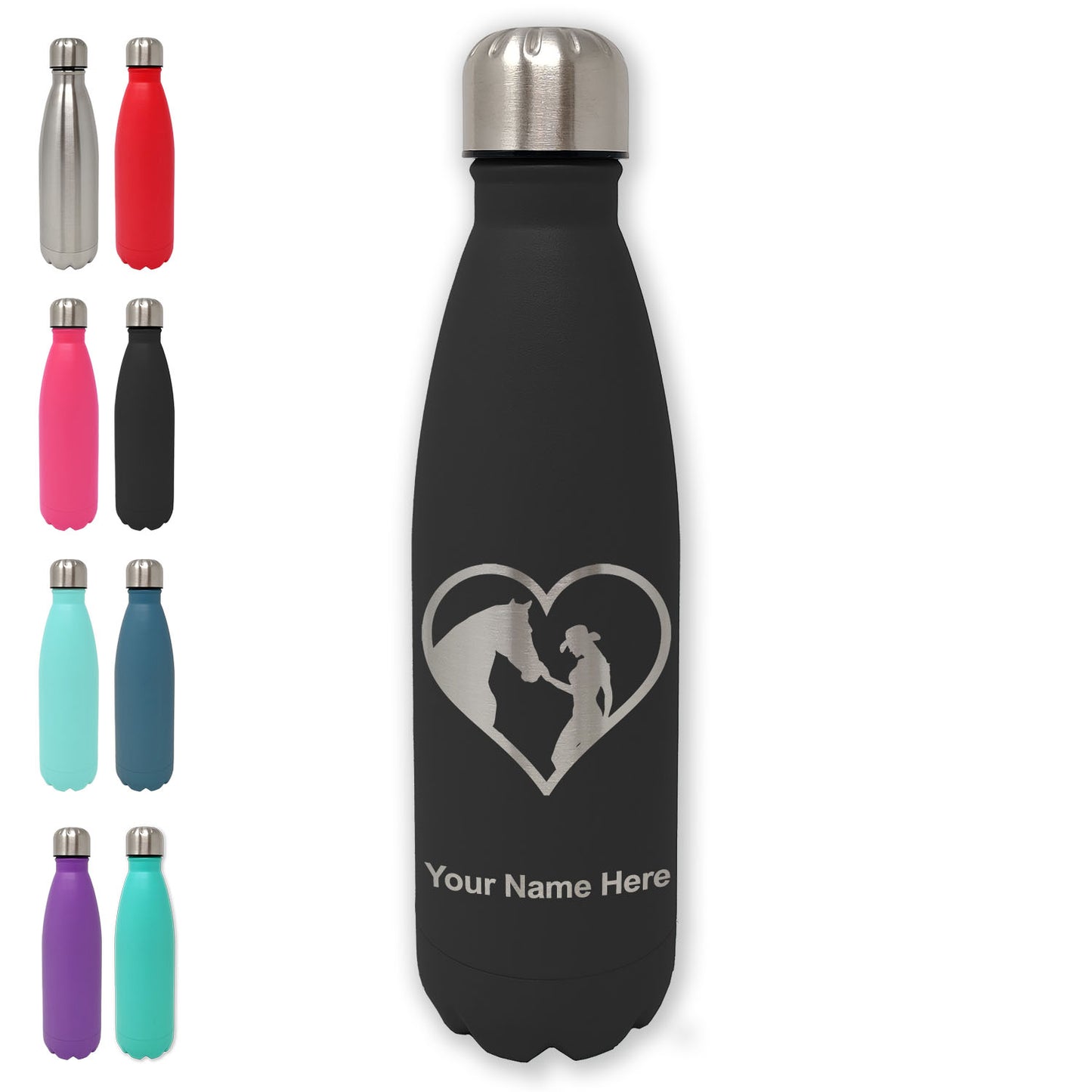 LaserGram Double Wall Water Bottle, Horse Cowgirl Heart, Personalized Engraving Included