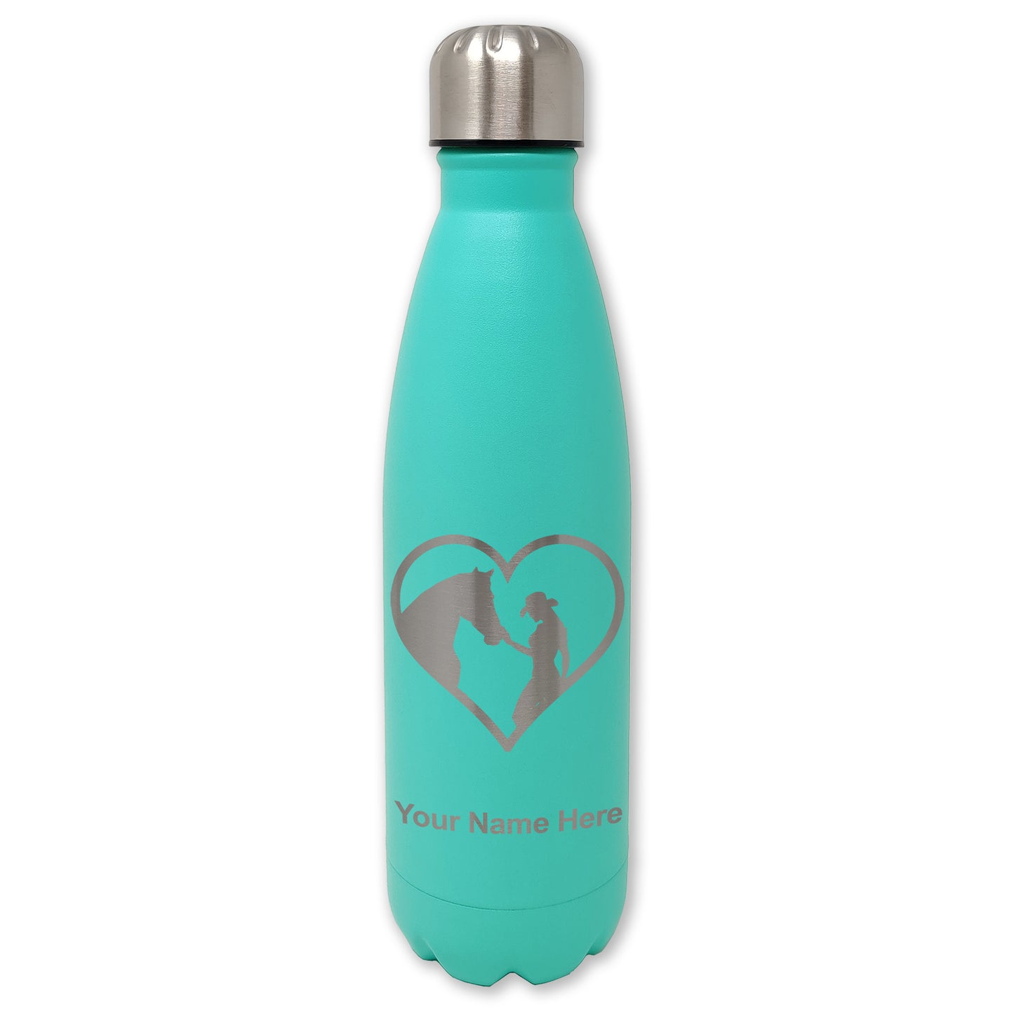 LaserGram Double Wall Water Bottle, Horse Cowgirl Heart, Personalized Engraving Included