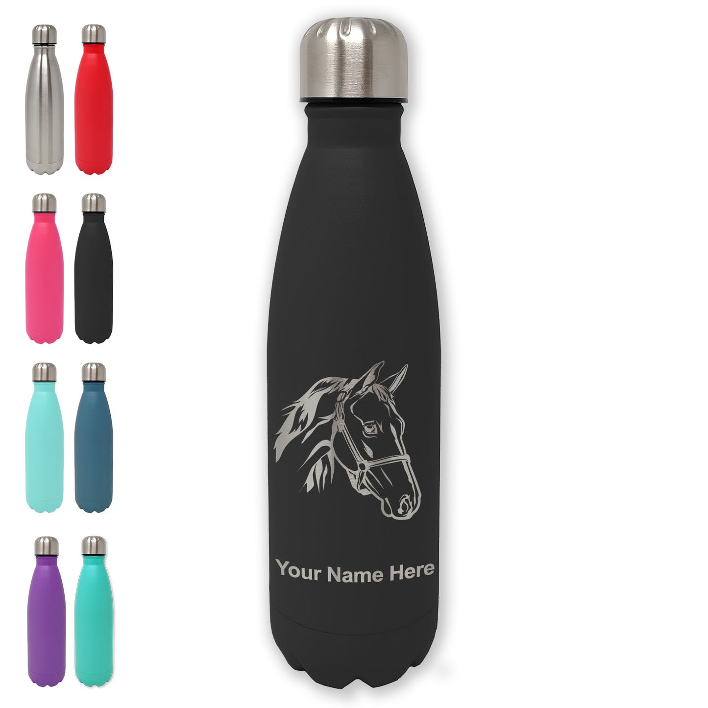 LaserGram Double Wall Water Bottle, Horse Head 2, Personalized Engraving Included