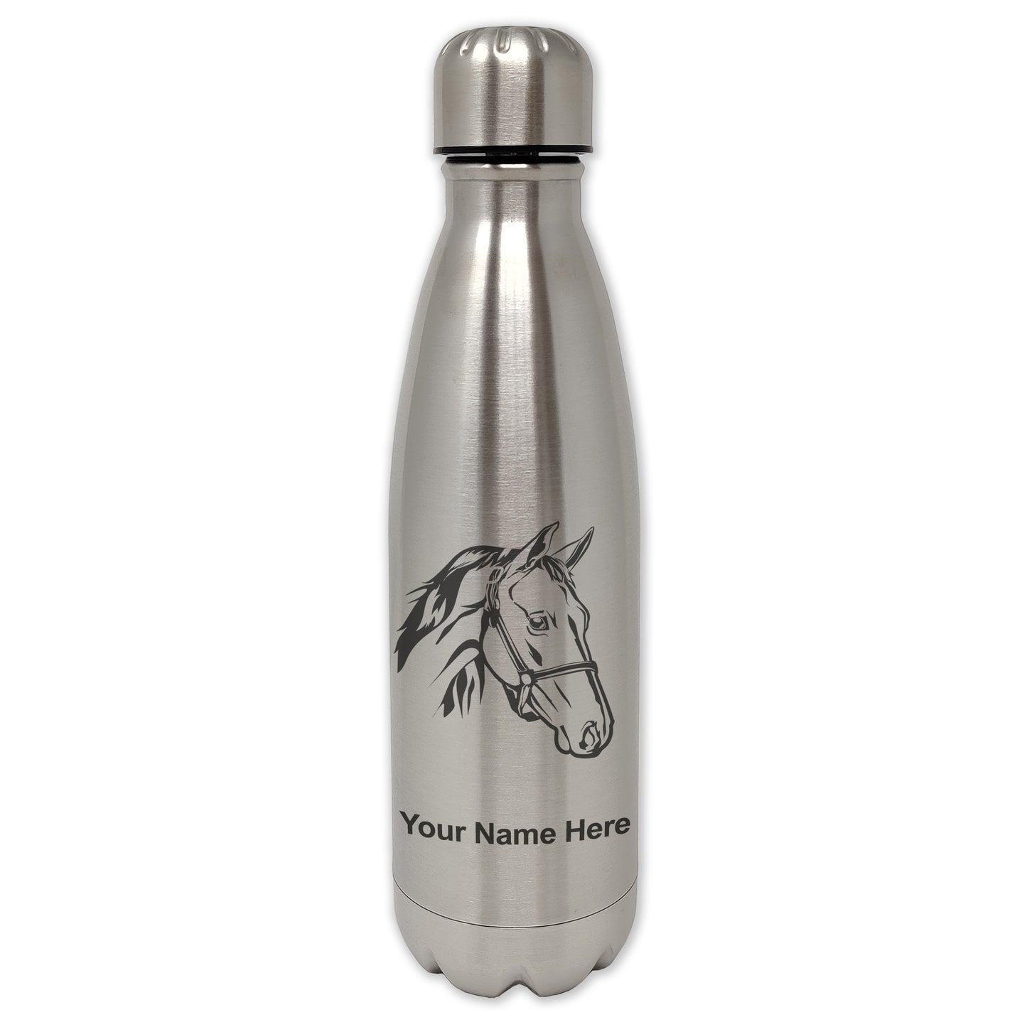 LaserGram Double Wall Water Bottle, Horse Head 2, Personalized Engraving Included