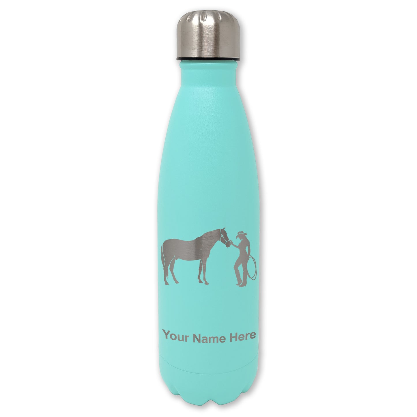 LaserGram Double Wall Water Bottle, Horse and Cowgirl, Personalized Engraving Included