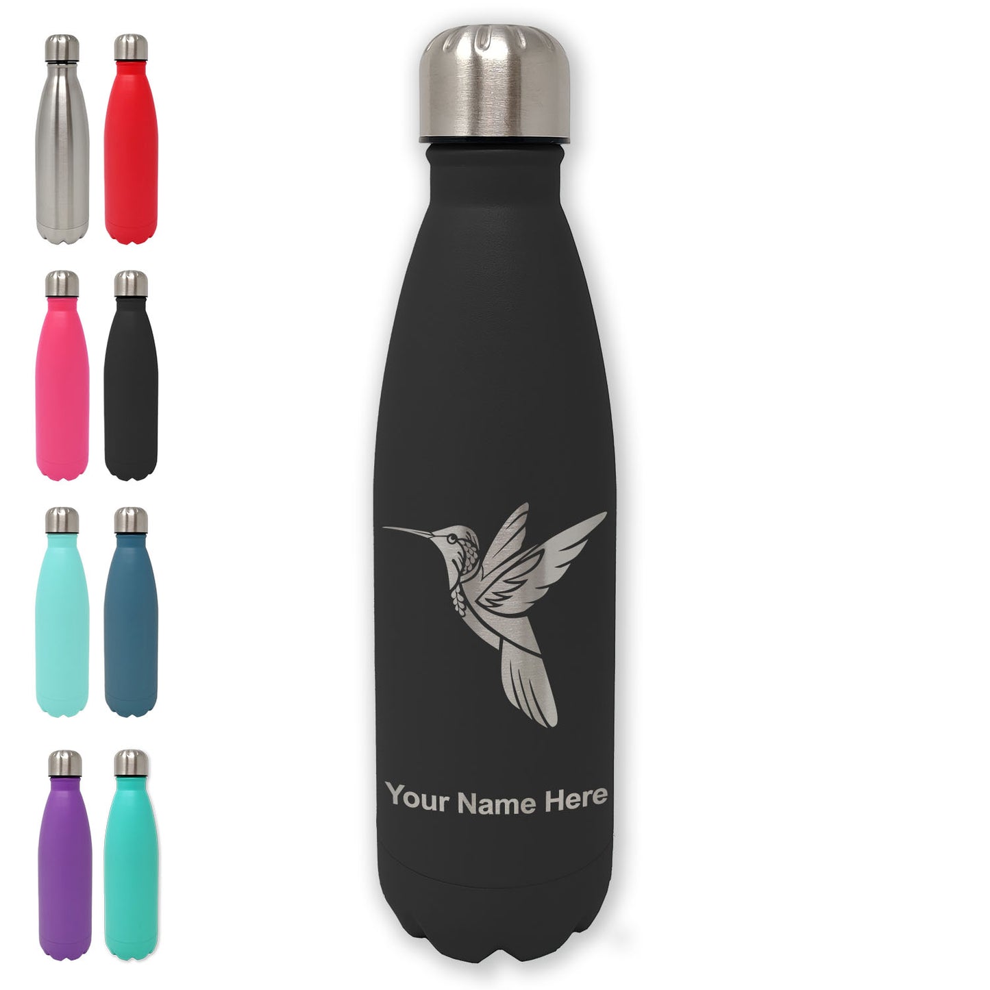 LaserGram Double Wall Water Bottle, Hummingbird, Personalized Engraving Included