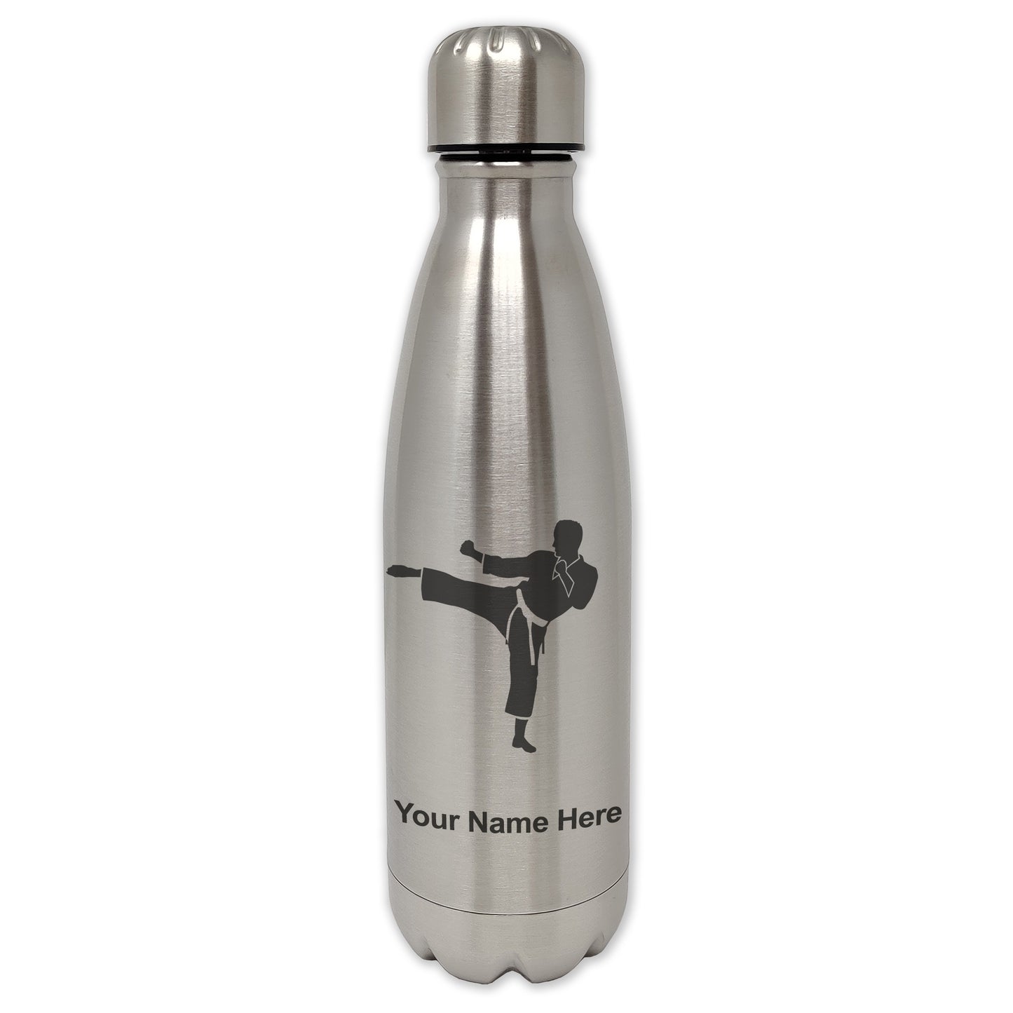 LaserGram Double Wall Water Bottle, Karate Man, Personalized Engraving Included