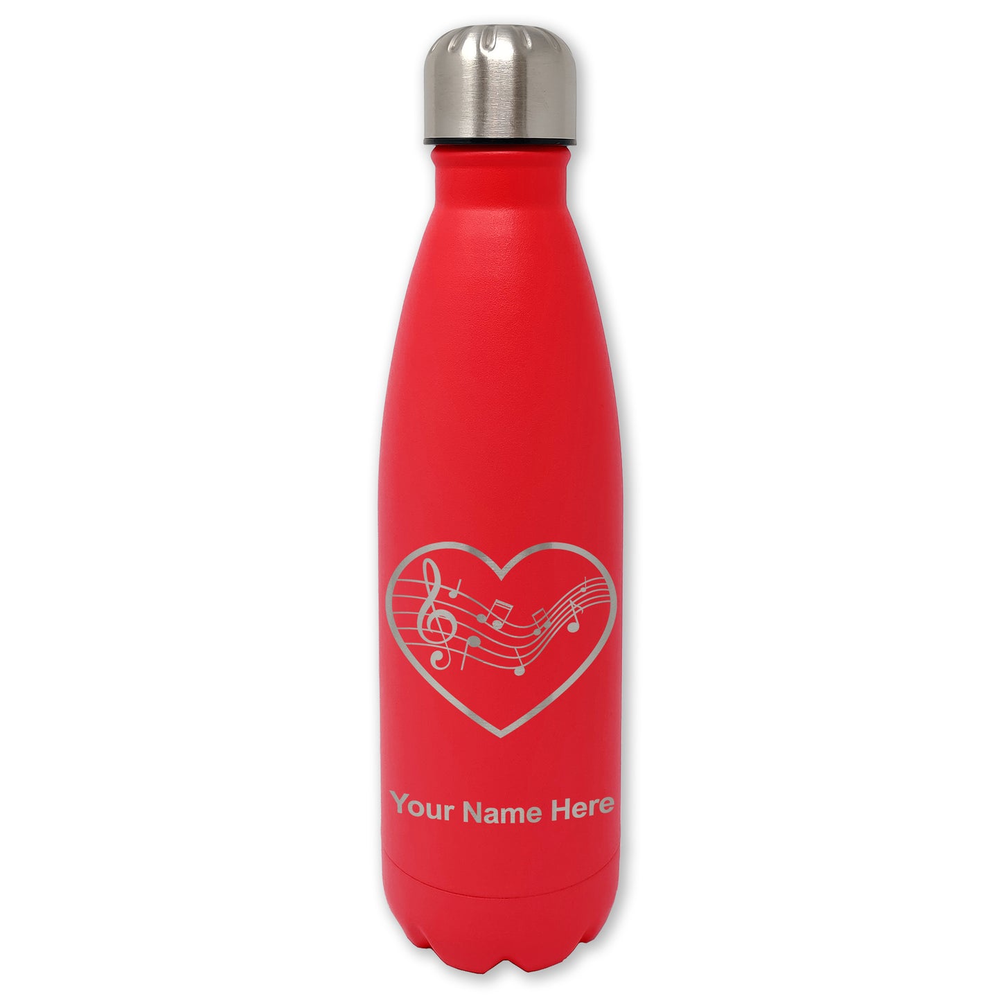 LaserGram Double Wall Water Bottle, Music Staff Heart, Personalized Engraving Included