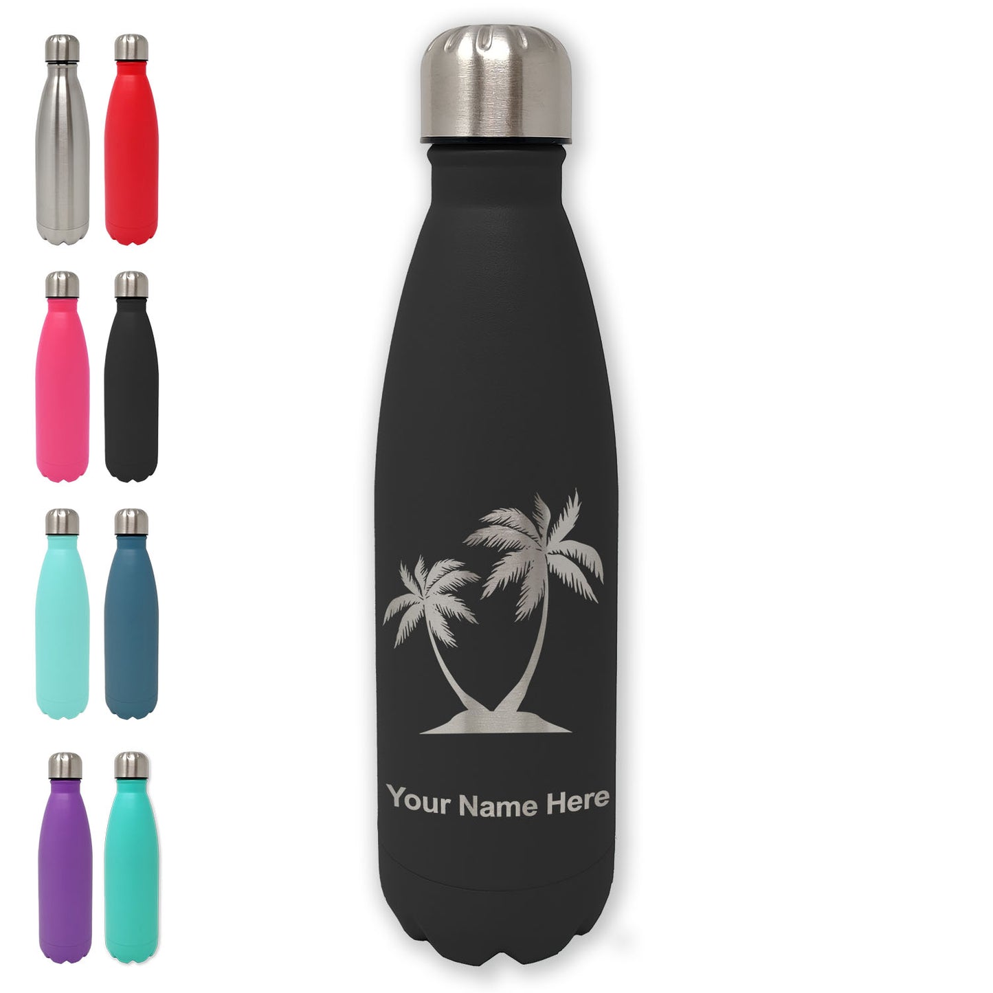 LaserGram Double Wall Water Bottle, Palm Trees, Personalized Engraving Included