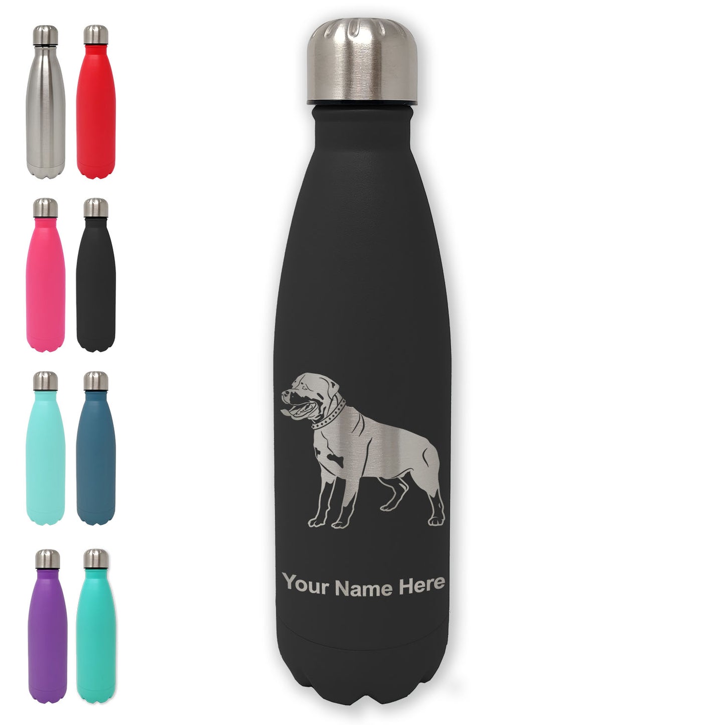 LaserGram Double Wall Water Bottle, Rottweiler Dog, Personalized Engraving Included