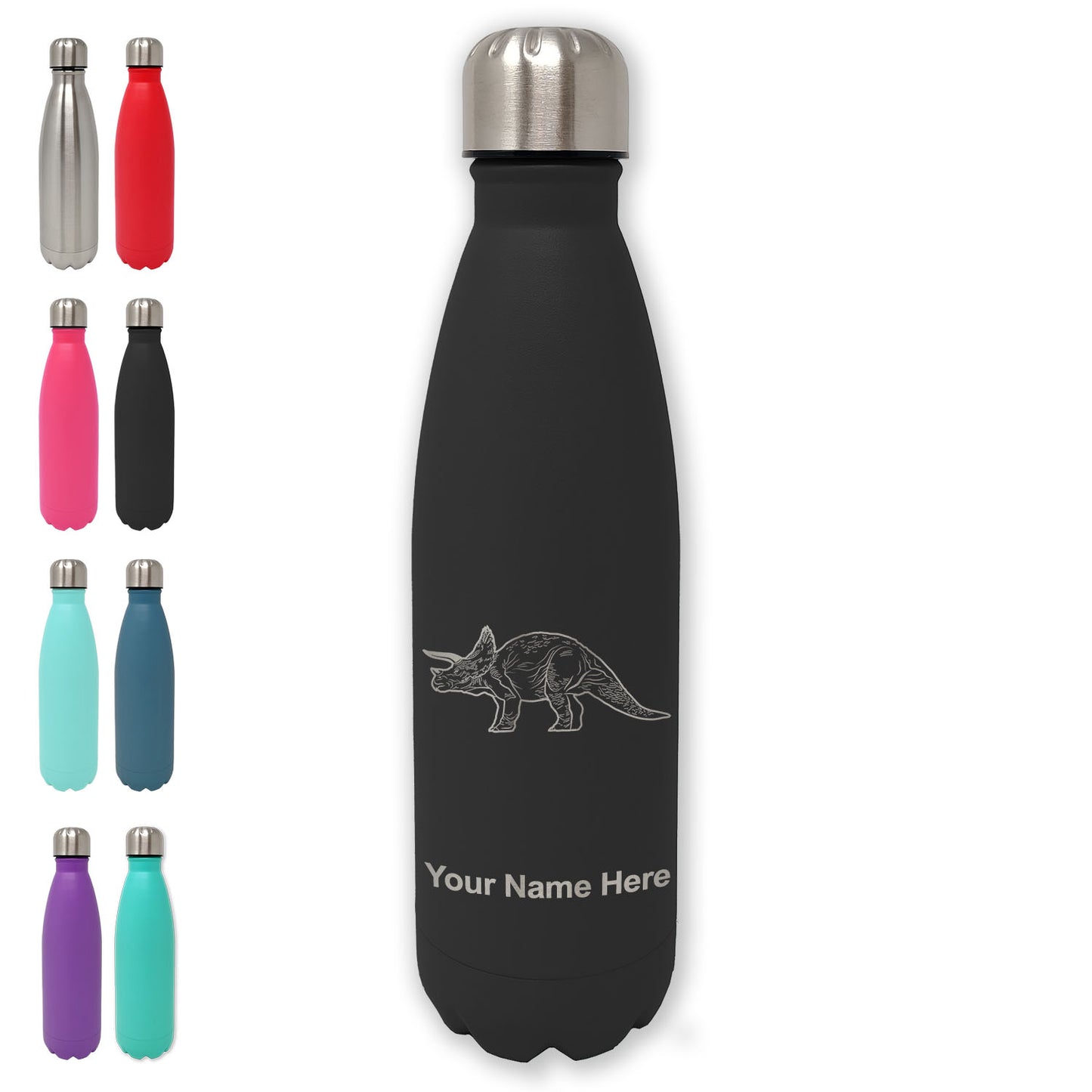 LaserGram Double Wall Water Bottle, Triceratops Dinosaur, Personalized Engraving Included