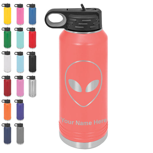 LaserGram 32oz Double Wall Flip Top Water Bottle with Straw, Alien Head, Personalized Engraving Included