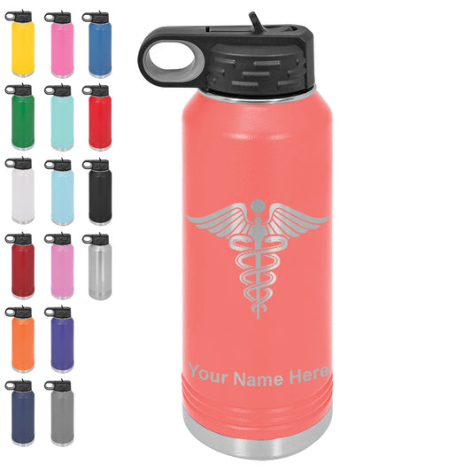 LaserGram 32oz Double Wall Flip Top Water Bottle with Straw, Caduceus Medical Symbol, Personalized Engraving Included