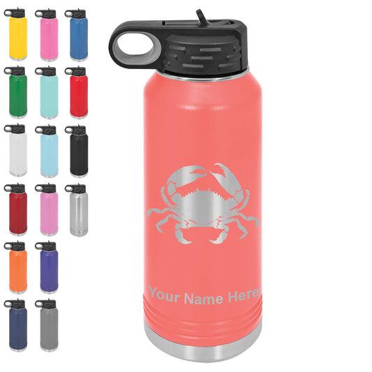 LaserGram 32oz Double Wall Flip Top Water Bottle with Straw, Crab, Personalized Engraving Included