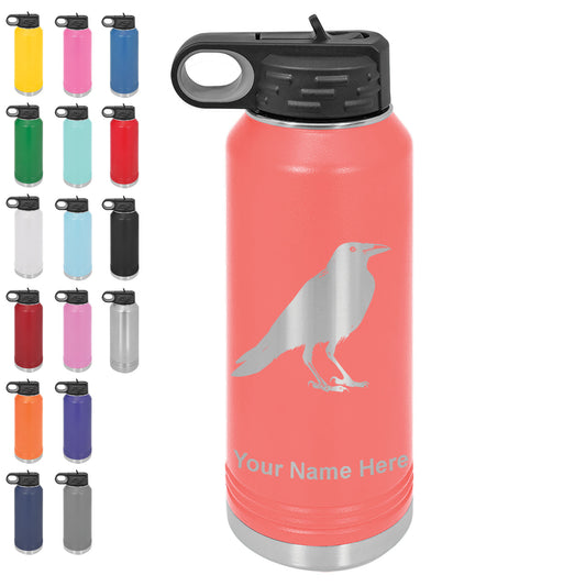 LaserGram 32oz Double Wall Flip Top Water Bottle with Straw, Crow, Personalized Engraving Included