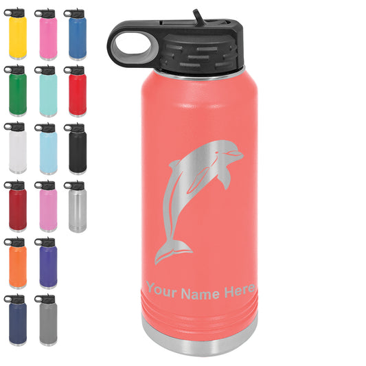 LaserGram 32oz Double Wall Flip Top Water Bottle with Straw, Dolphin, Personalized Engraving Included