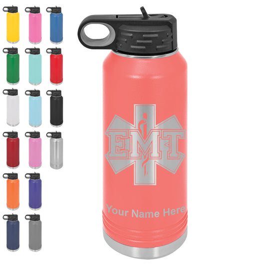LaserGram 32oz Double Wall Flip Top Water Bottle with Straw, EMT Emergency Medical Technician, Personalized Engraving Included