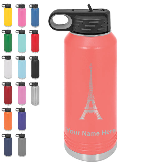 LaserGram 32oz Double Wall Flip Top Water Bottle with Straw, Eiffel Tower, Personalized Engraving Included