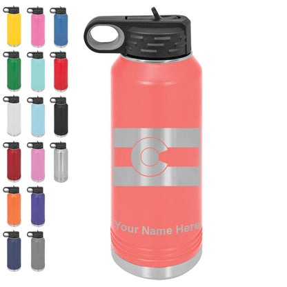LaserGram 32oz Double Wall Flip Top Water Bottle with Straw, Flag of Colorado, Personalized Engraving Included
