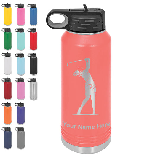 LaserGram 32oz Double Wall Flip Top Water Bottle with Straw, Golfer Woman, Personalized Engraving Included