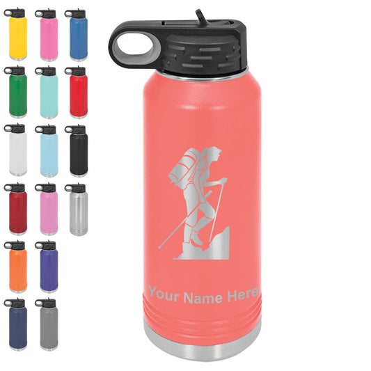 LaserGram 32oz Double Wall Flip Top Water Bottle with Straw, Hiker Woman, Personalized Engraving Included