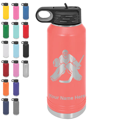 LaserGram 32oz Double Wall Flip Top Water Bottle with Straw, Hockey Goalie, Personalized Engraving Included
