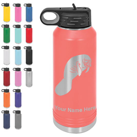 LaserGram 32oz Double Wall Flip Top Water Bottle with Straw, Manatee, Personalized Engraving Included