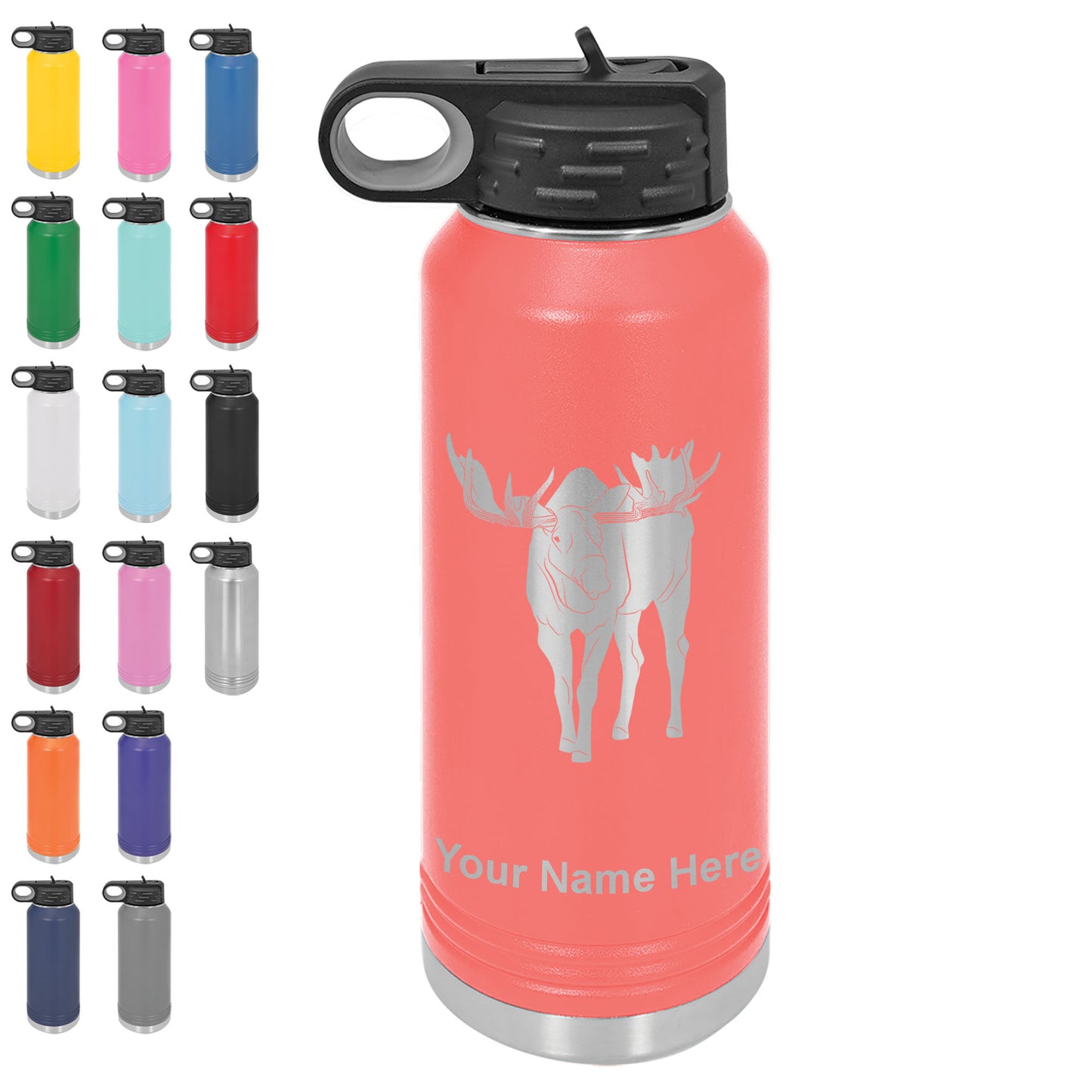 LaserGram 32oz Double Wall Flip Top Water Bottle with Straw, Moose, Personalized Engraving Included