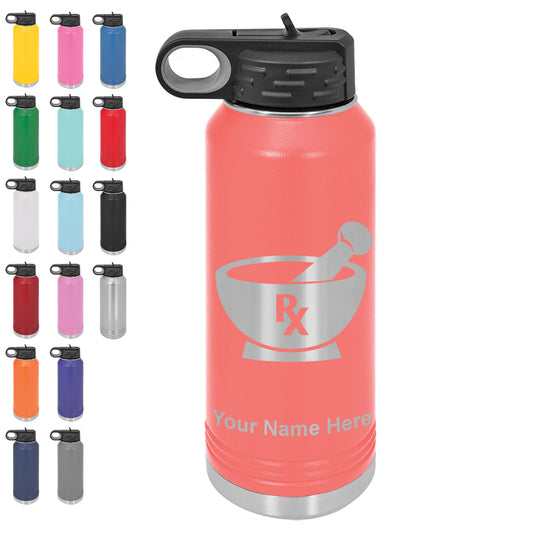 LaserGram 32oz Double Wall Flip Top Water Bottle with Straw, Rx Pharmacy Symbol, Personalized Engraving Included