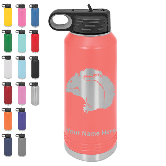 LaserGram 32oz Double Wall Flip Top Water Bottle with Straw, Squirrel, Personalized Engraving Included