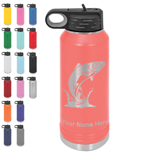 LaserGram 32oz Double Wall Flip Top Water Bottle with Straw, Trout Fish, Personalized Engraving Included