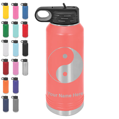 LaserGram 32oz Double Wall Flip Top Water Bottle with Straw, Yin Yang, Personalized Engraving Included