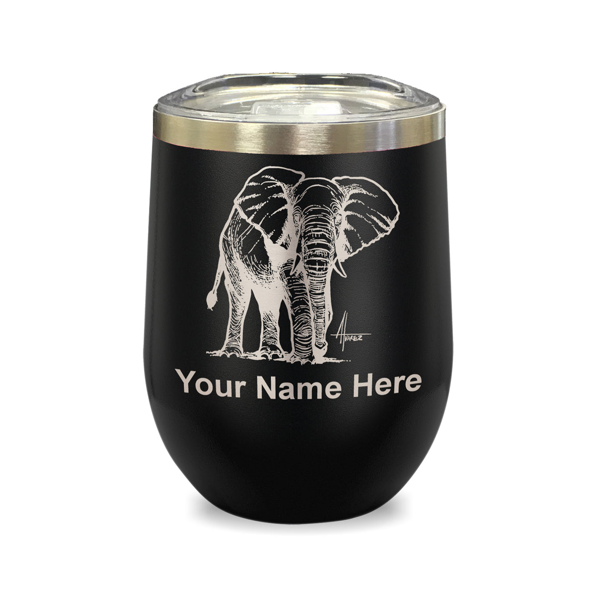 LaserGram Double Wall Stainless Steel Wine Glass, African Elephant, Personalized Engraving Included