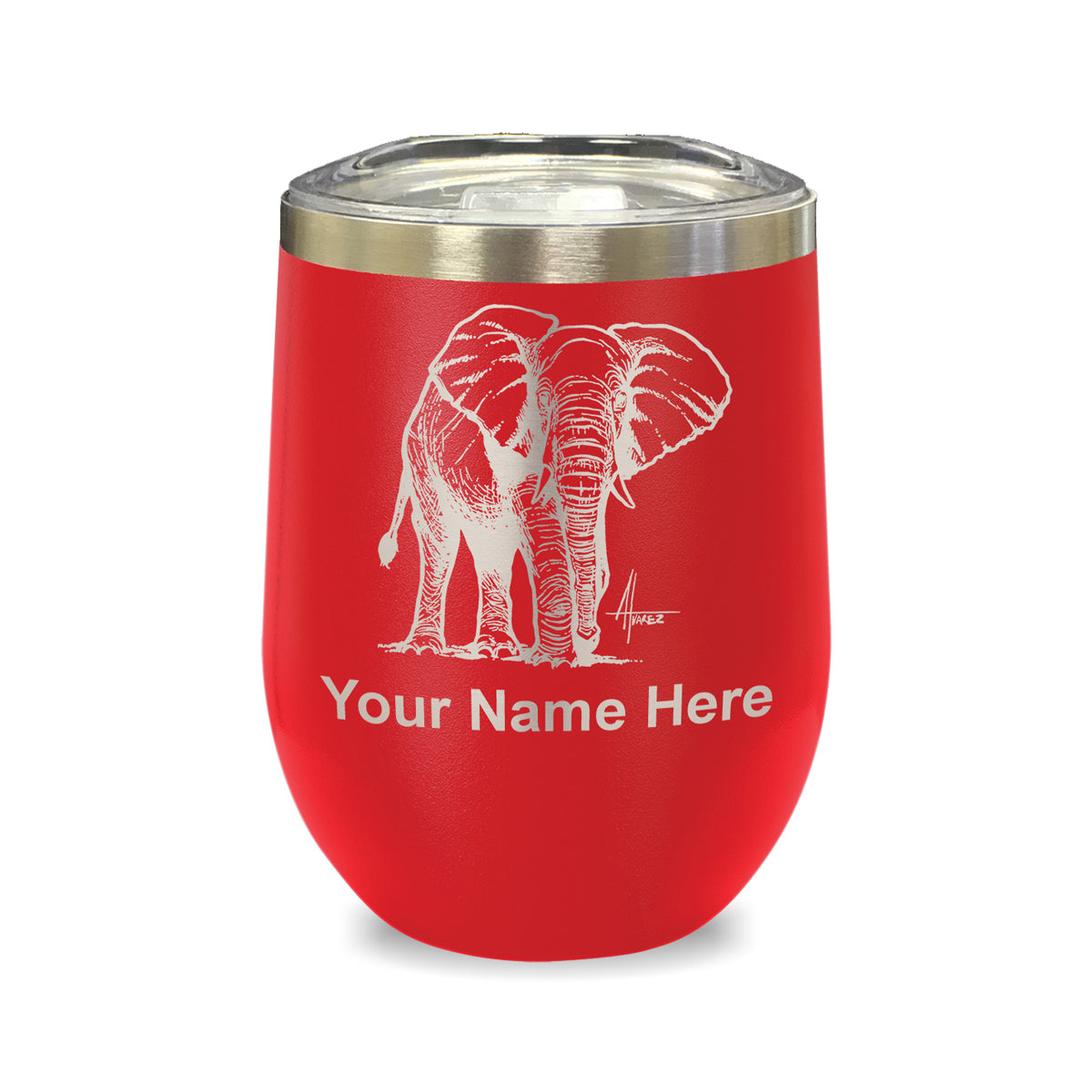 LaserGram Double Wall Stainless Steel Wine Glass, African Elephant, Personalized Engraving Included