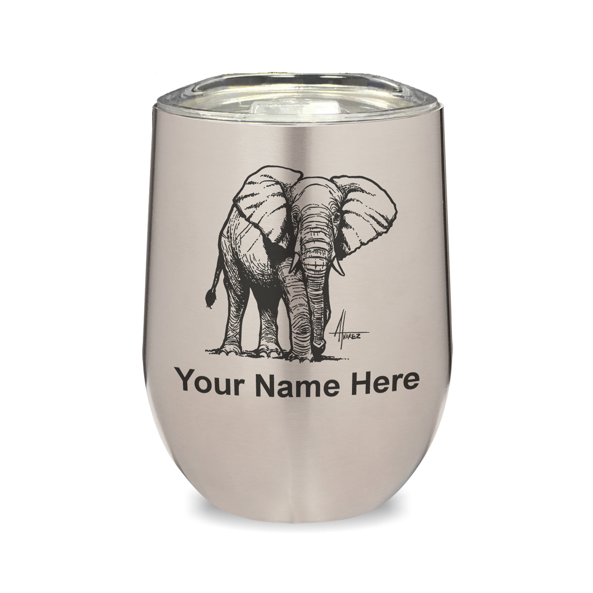 LaserGram Double Wall Stainless Steel Wine Glass, African Elephant, Personalized Engraving Included