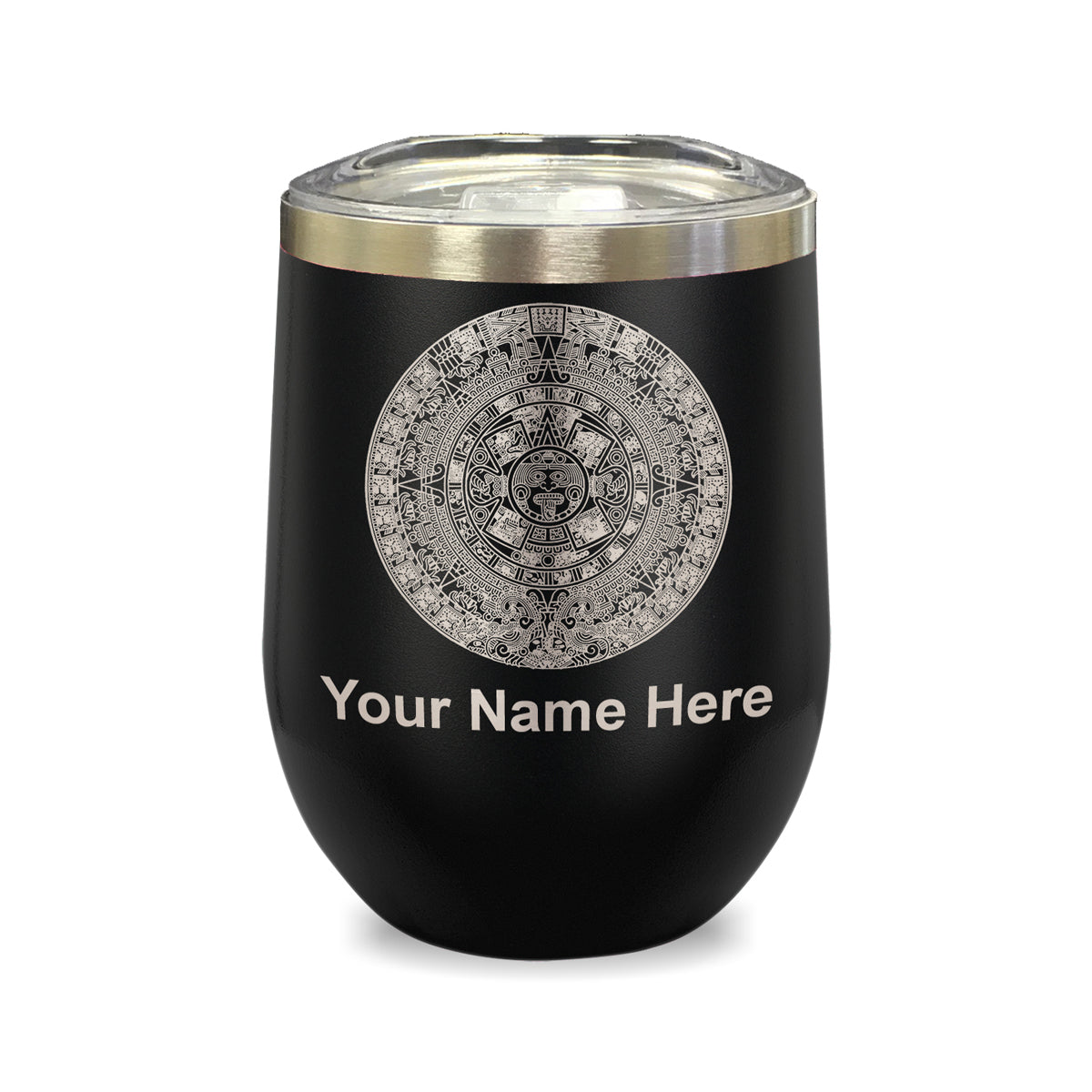 LaserGram Double Wall Stainless Steel Wine Glass, Aztec Calendar, Personalized Engraving Included