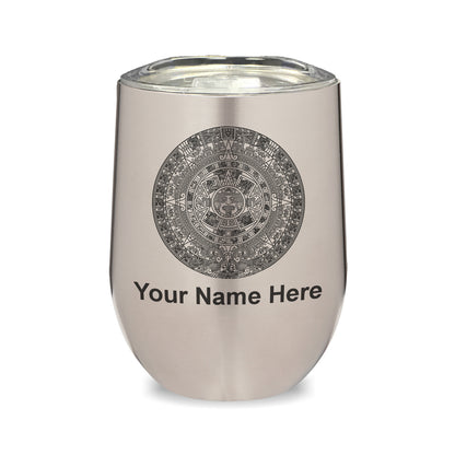 LaserGram Double Wall Stainless Steel Wine Glass, Aztec Calendar, Personalized Engraving Included