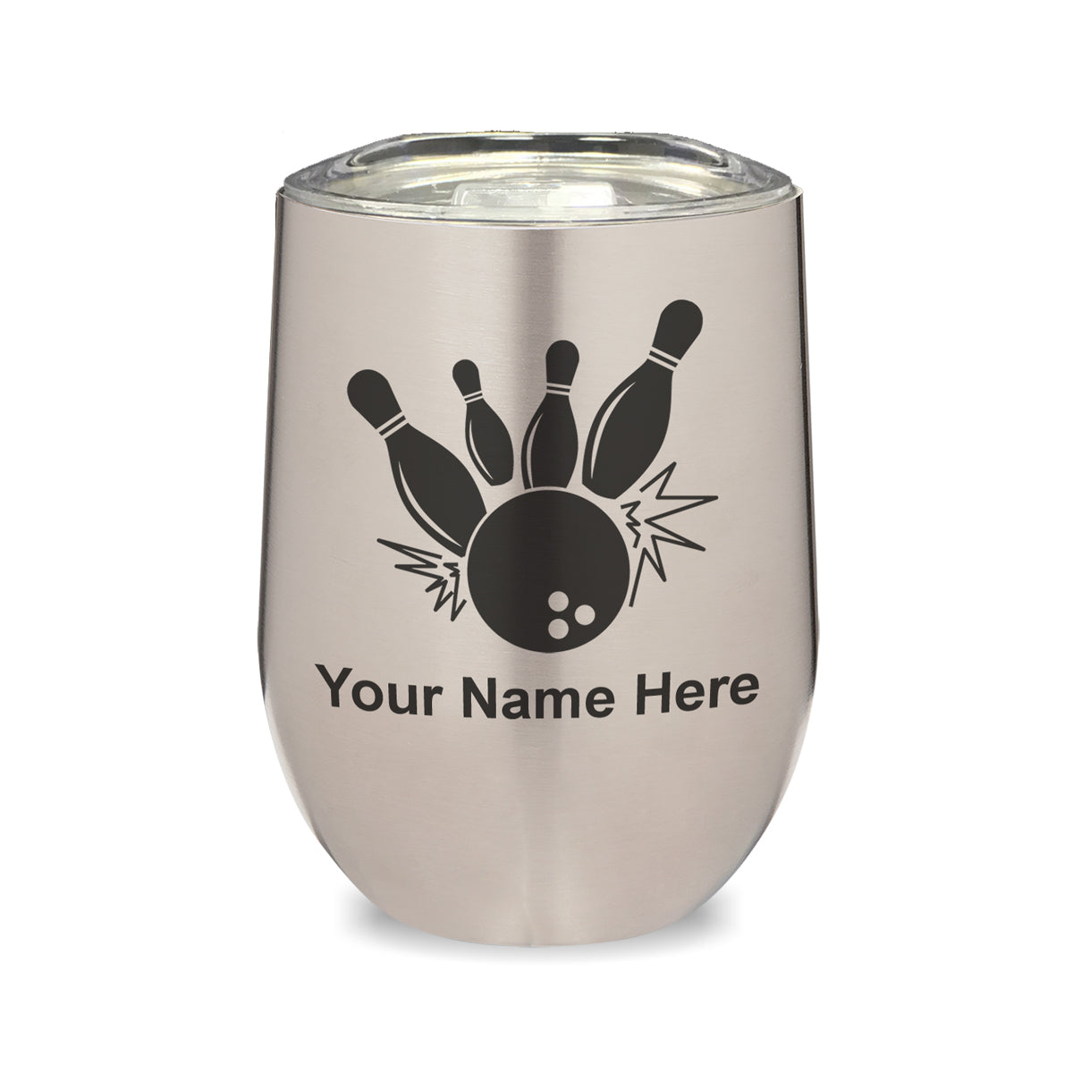 LaserGram Double Wall Stainless Steel Wine Glass, Bowling Ball and Pins, Personalized Engraving Included