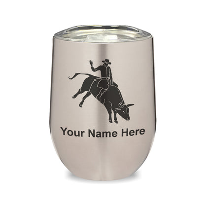 LaserGram Double Wall Stainless Steel Wine Glass, Bull Rider Cowboy, Personalized Engraving Included